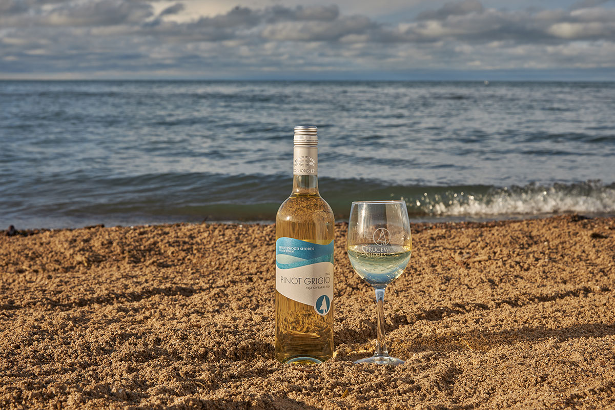 Pinot Grigio Sprucewood wine on beach