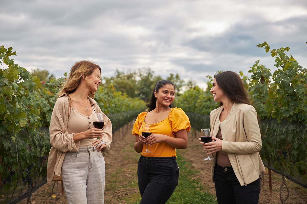 3 women smiling in Sprucewood vineyard