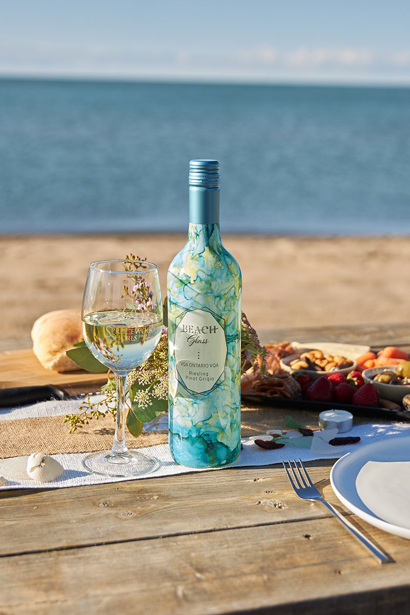 Beach Glass wine on beach