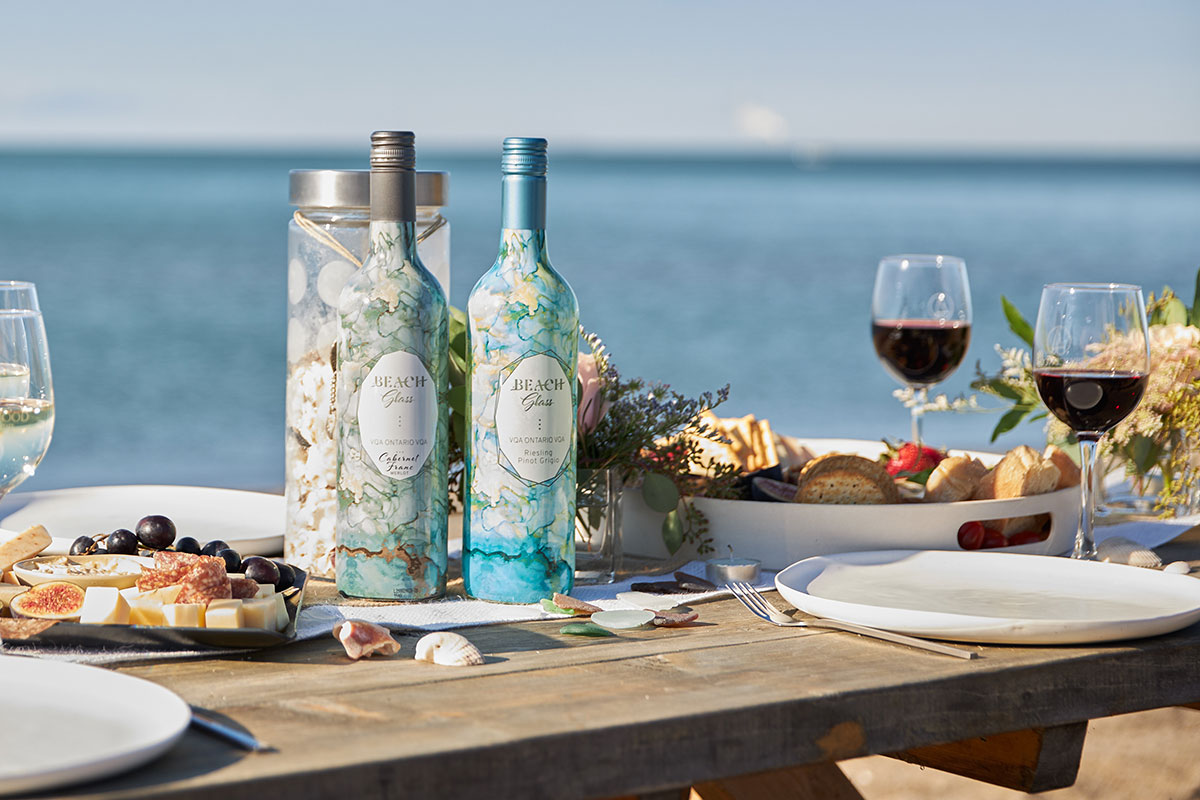 Beach Glass Series wine on table on beach