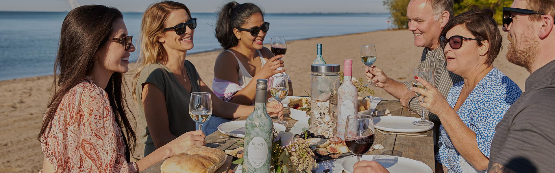 Group of couples enjoying wine on beach