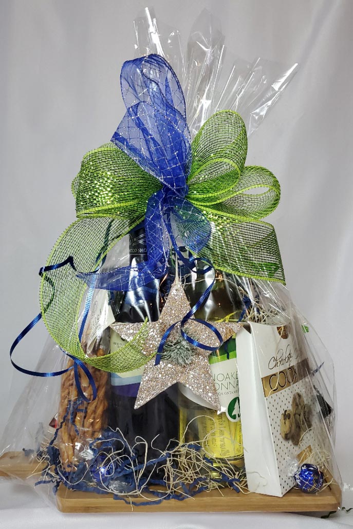 Gift basket of red and white wine and chocolate